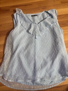 Light Blue Swiss Dot Ruffle Neck Sleeveless Top